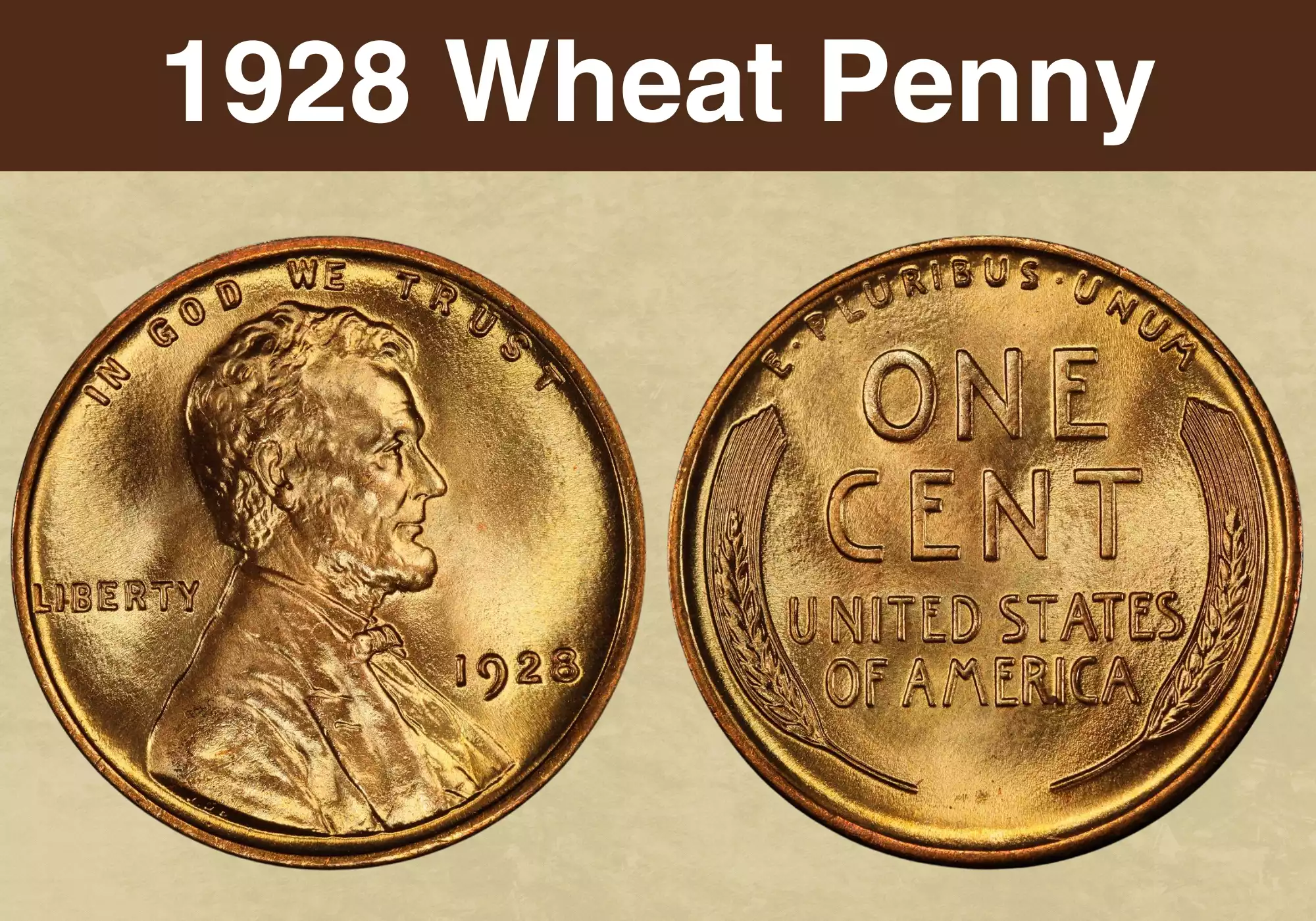 1928 wheat penny obverse showing Lincoln portrait and 1928 date alongside reverse showing wheat stalks