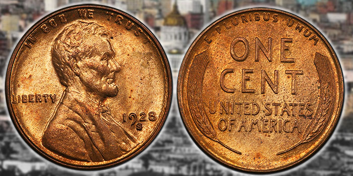 Side-by-side comparison of 1928-S Small S mint mark versus 1928-S Large S FS-501 mint mark variety on wheat pennies
