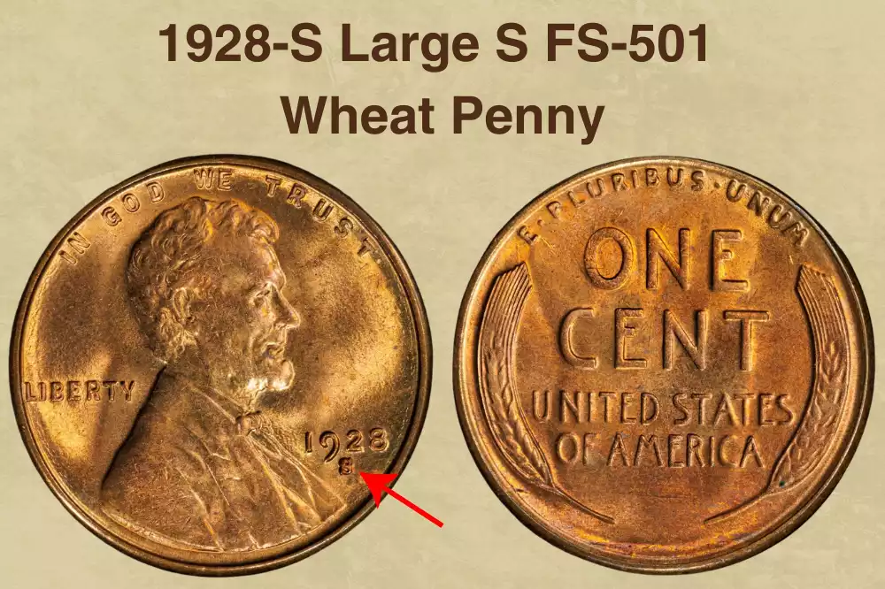 1928-S Large S FS-501 variety close-up showing the thick bold S mint mark with heavy pronounced serifs on a wheat penny