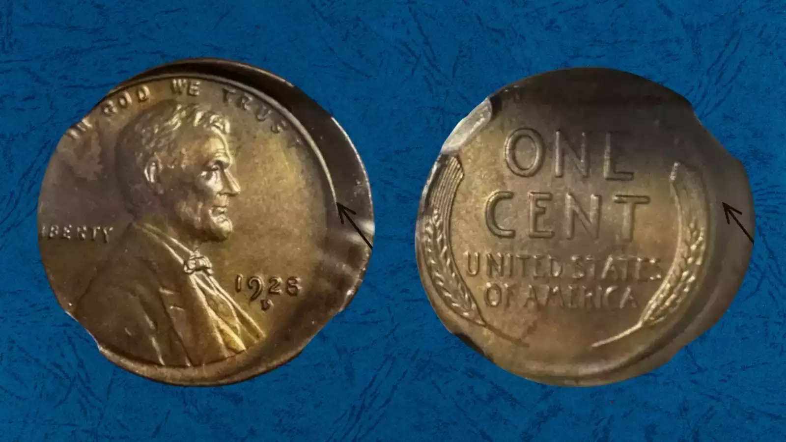 1928 wheat penny off-center strike error showing the Lincoln design shifted approximately 25-40% off center with the date still visible