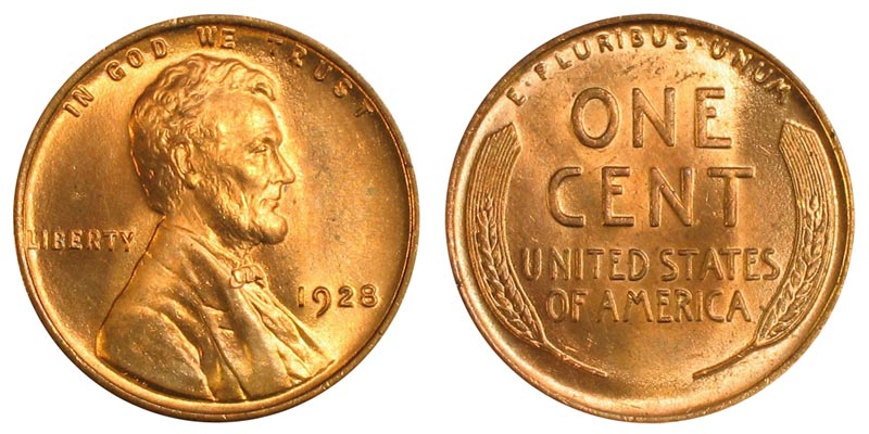 Group display of 1928 wheat pennies from all three mints — Philadelphia no mint mark, Denver D, and San Francisco S — showing relative sizes and mint marks