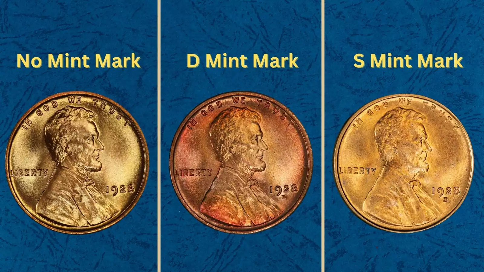 Grading strip showing four 1928 wheat pennies at four condition tiers: Worn Good, Circulated Very Fine, Uncirculated MS-62, and Gem MS-65